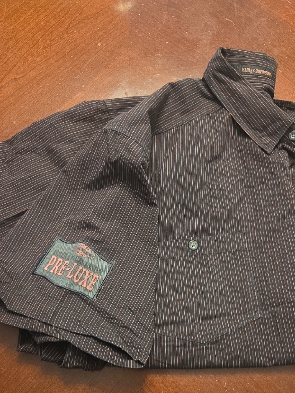 Harley-Davidson Brown Button-Down Shirt with Thin Tan Pinstripes - Picture 6 of 7